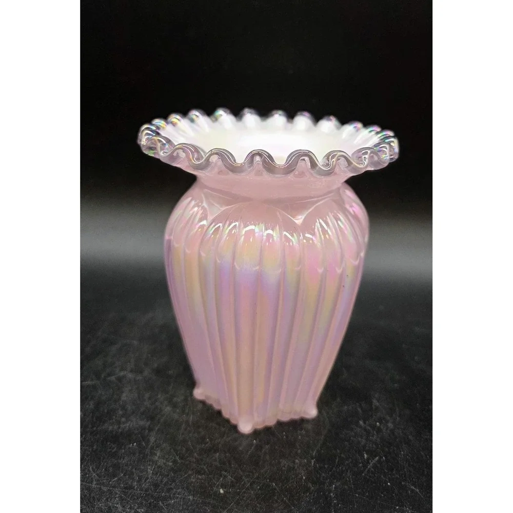Vintage Fenton Art Glass 95th Anniversary Crimped Pink Cased Vase 5